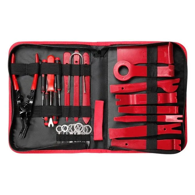 Plastic 19 piece car radio panel trim dashboard removal set with POM nylon skid boards in blue and red
