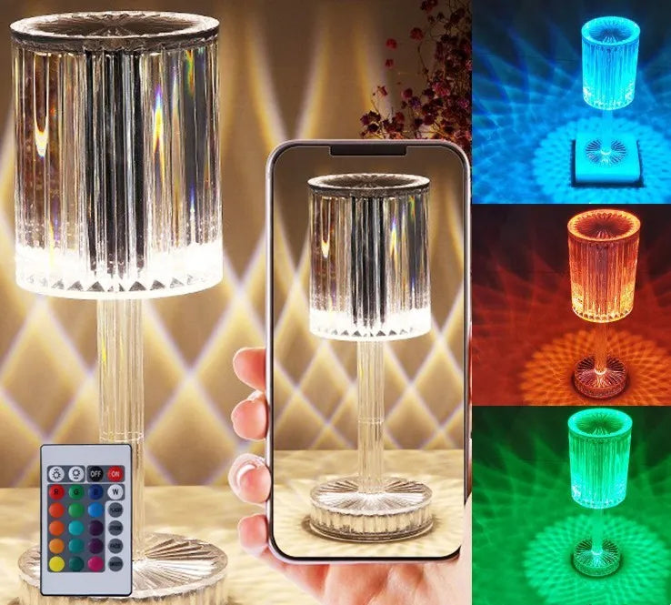 Modern crystal table lamp with a diamond-faceted shade on a metal stand, showing amber colour option.
