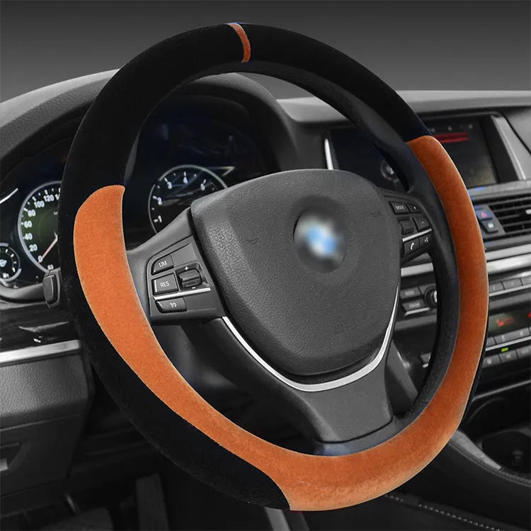 Winter short plush flocking steering wheel cover in 38cm black beige with rubber inner ring for universal cars