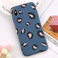 Leopard print pattern phone case for iPhone, shown in black, blue, and pink colour options.