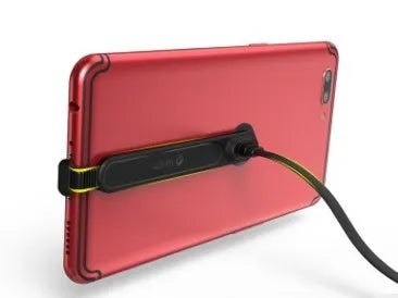Black L-bend gaming phone charging cable with suction cup attached to a mobile phone, showing flat tangle-free design.