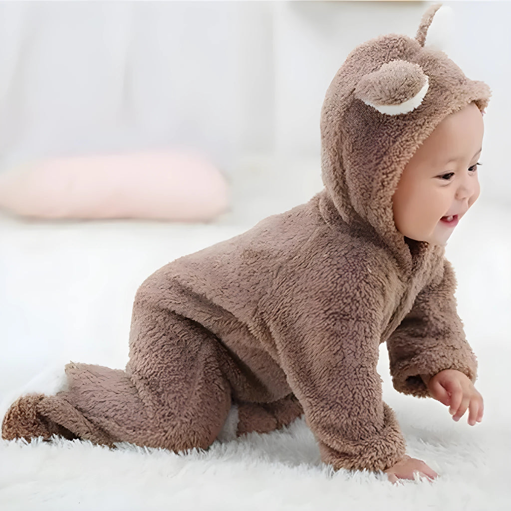 Unisex baby romper winter cotton blend pullover O-neck in brown for infant 0-12 months