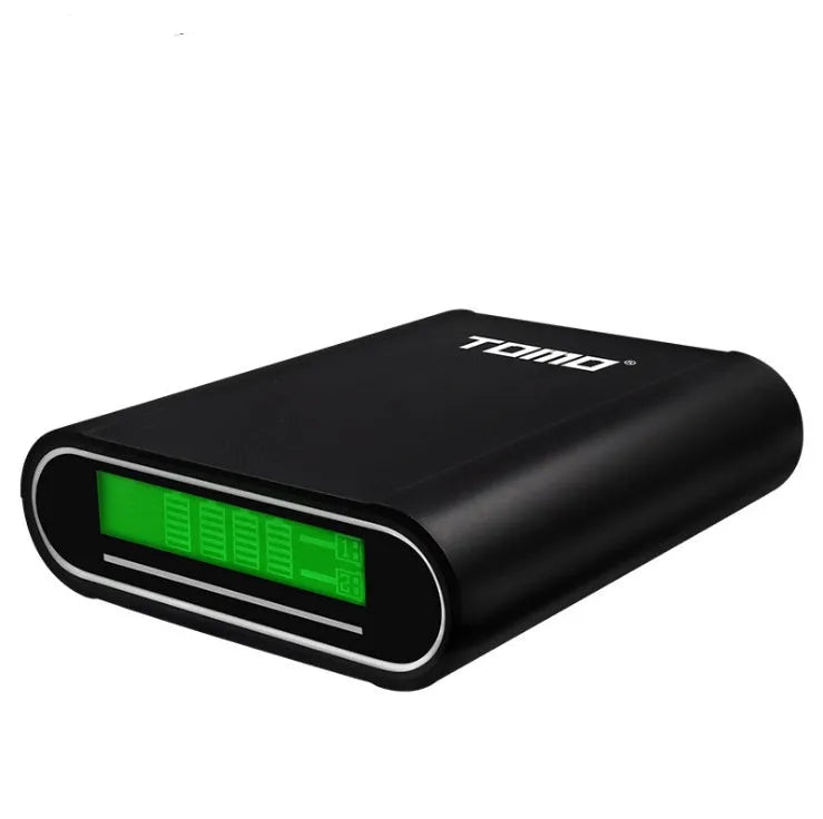 Black and white DIY mobile power box and 18650 battery charger with LCD screen and USB ports.