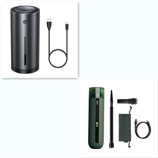 Baseus handheld car vacuum cleaner in black, white, or green next to a dust bin and blowing hose.