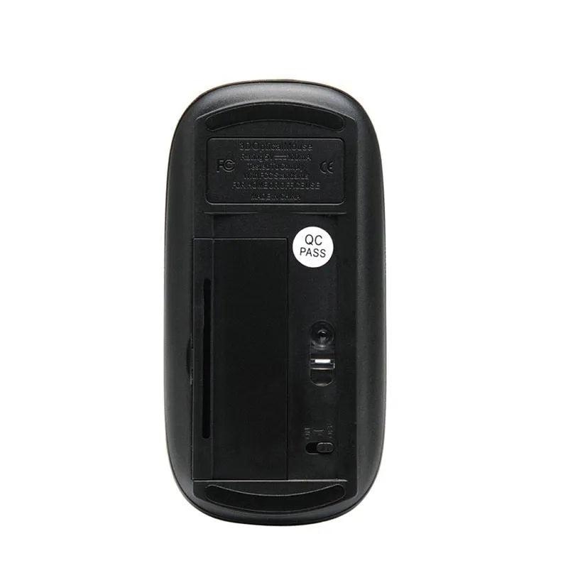 Ultra-thin touch wireless mouse in black on white background with USB receiver