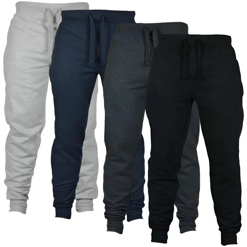 Men's solid colour drawstring waist fleece casual pants in loose fit showing flat front design