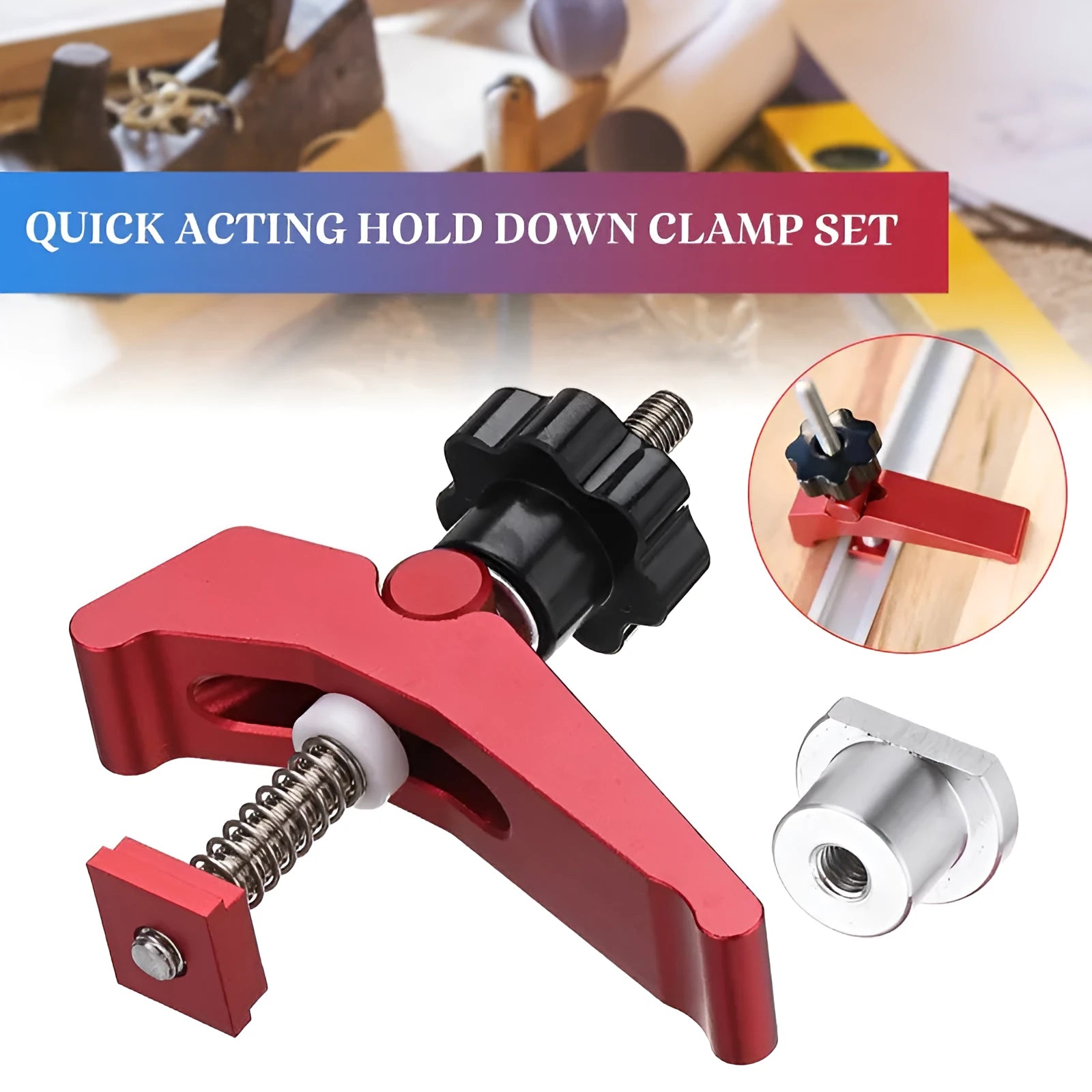 Red aluminium alloy woodworking table block slide holder with flat mouth design on workbench