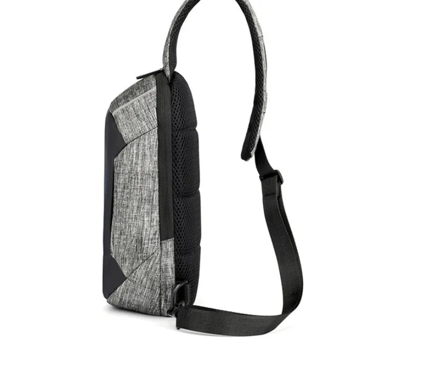 Dark blue waterproof Oxford cloth chest bag with zip and adjustable strap, shown front-on.