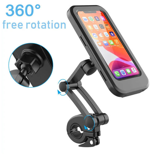 Black adjustable waterproof bicycle and motorcycle phone holder mount for 4 to 6.7 inch mobile devices.