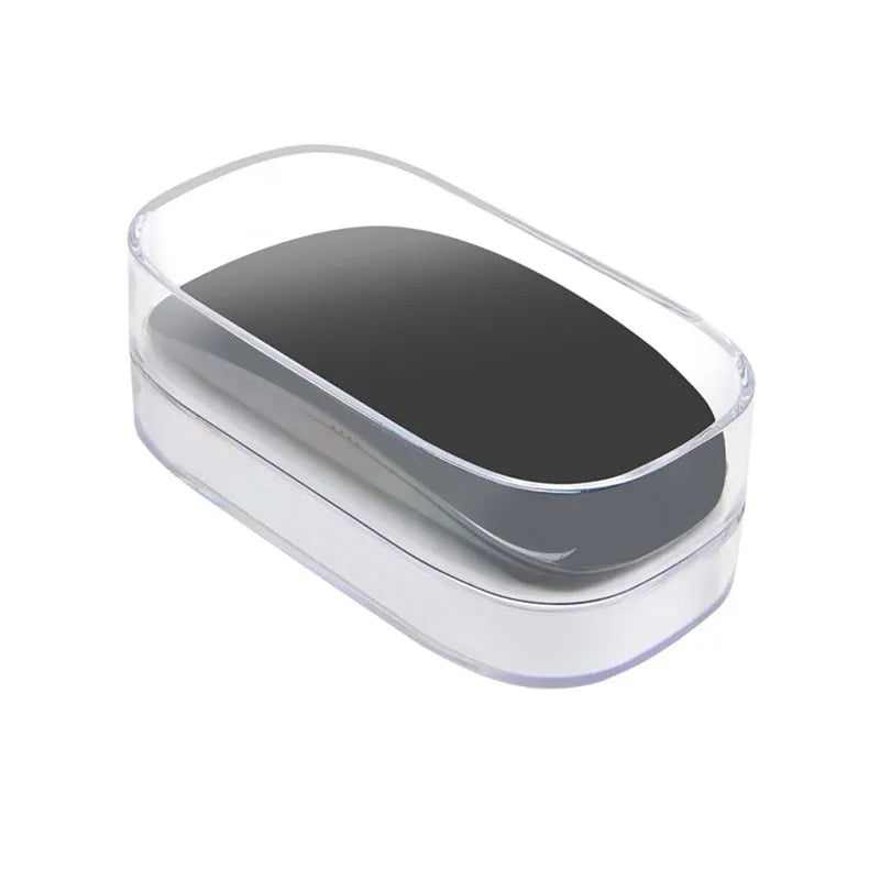 Ultra-thin touch wireless mouse in black on white background with USB receiver