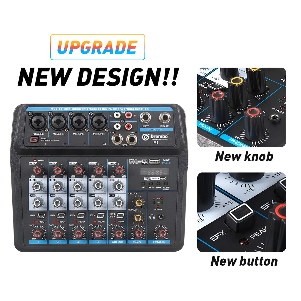 M4 or M6 model small audio mixer with PVC housing for live broadcast and KTV use.
