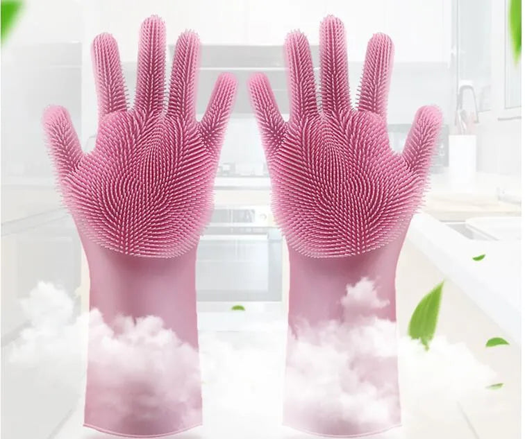 Blue silicone gloves with textured palm for scrubbing, shown on hands holding a pan.