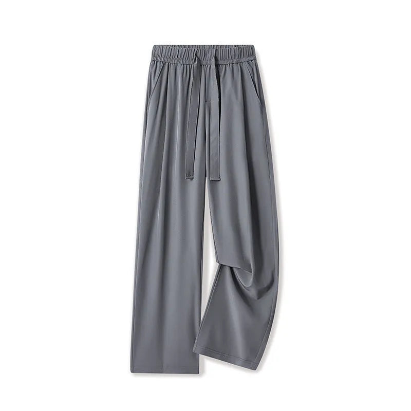 Men's quick-drying loose straight wide-leg casual pants in black polyester blend, side view