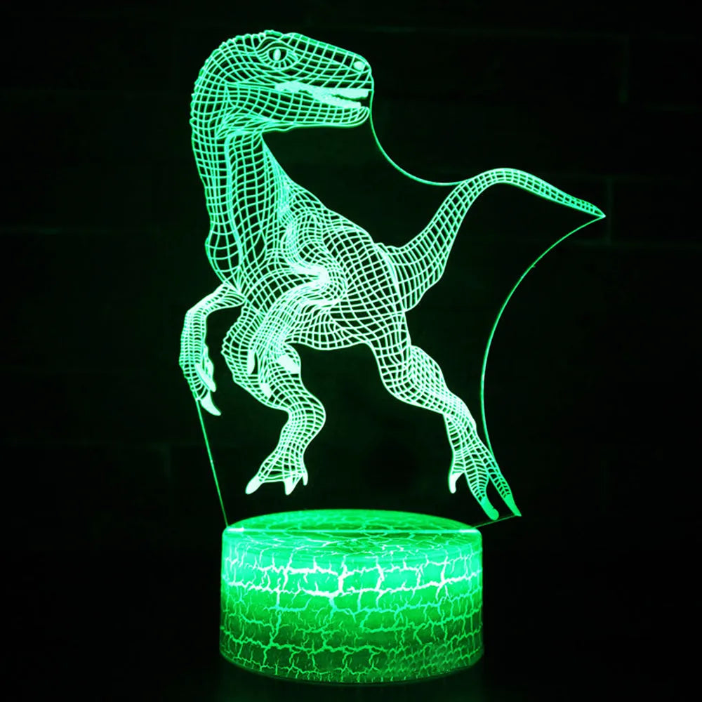 Colourful dinosaur 3D LED night light with remote control on a desk