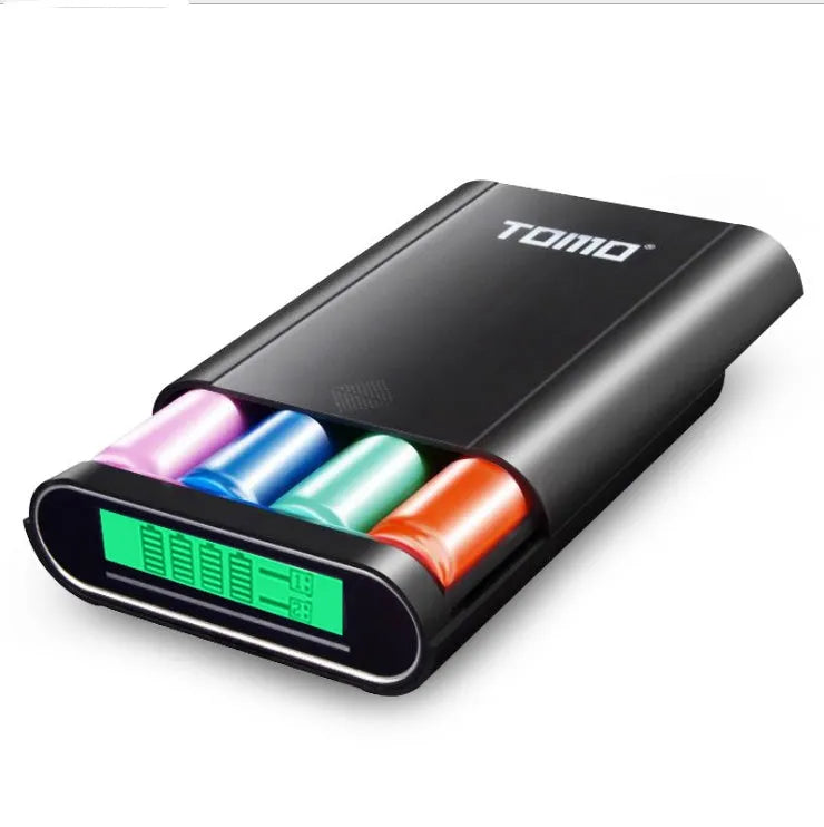 Black and white DIY mobile power box and 18650 battery charger with LCD screen and USB ports.