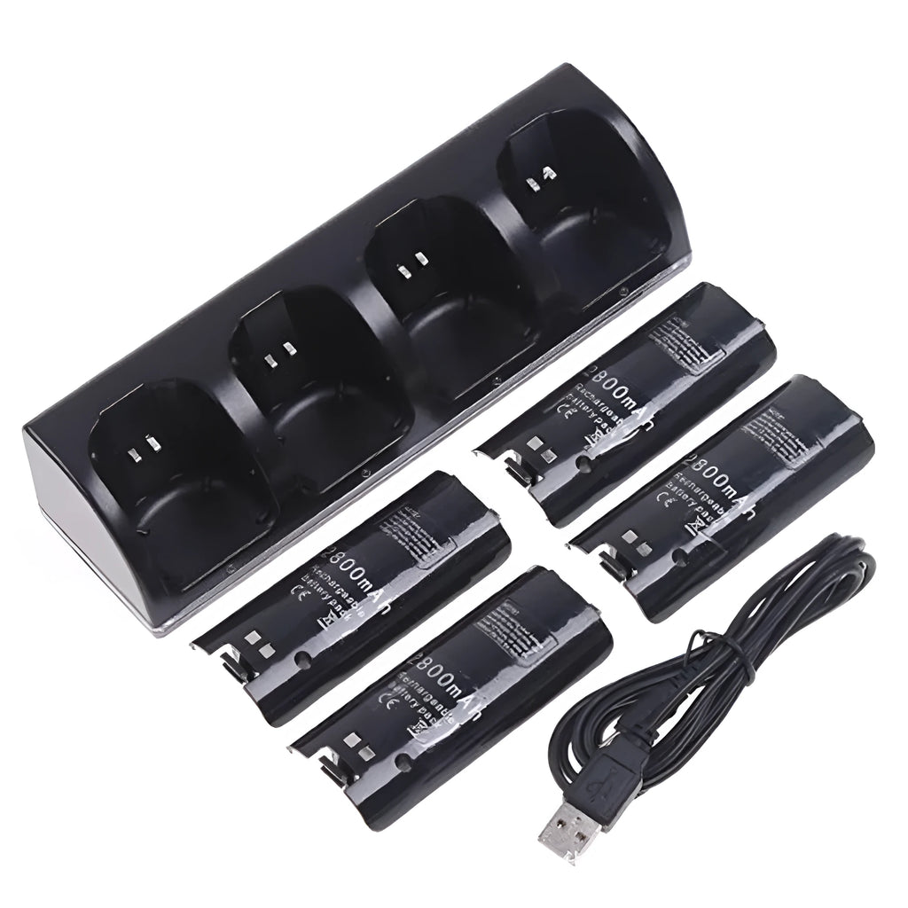 Wii charger set with four rechargeable batteries and USB cable, black model