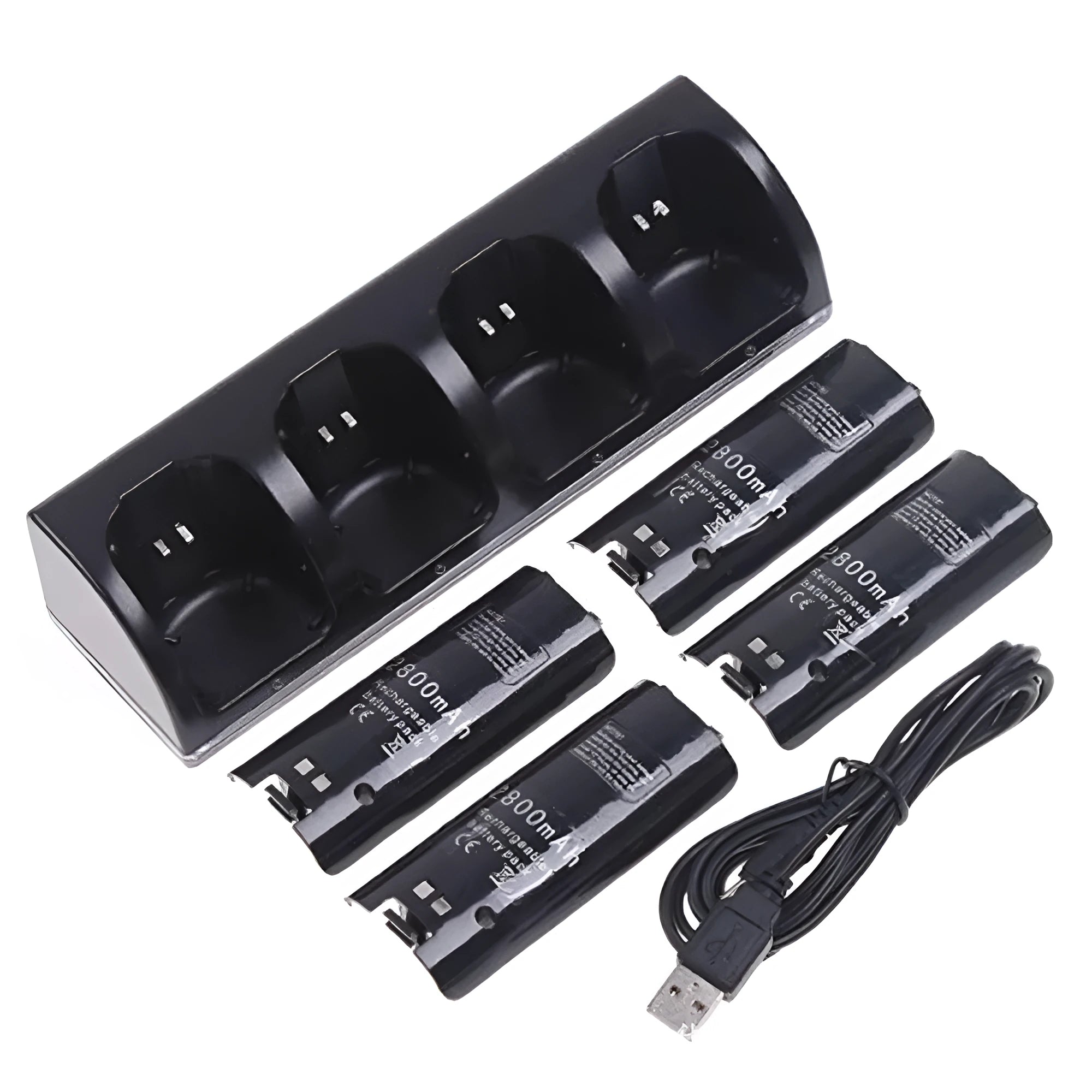 Wii charger set with four rechargeable batteries and USB cable, black model