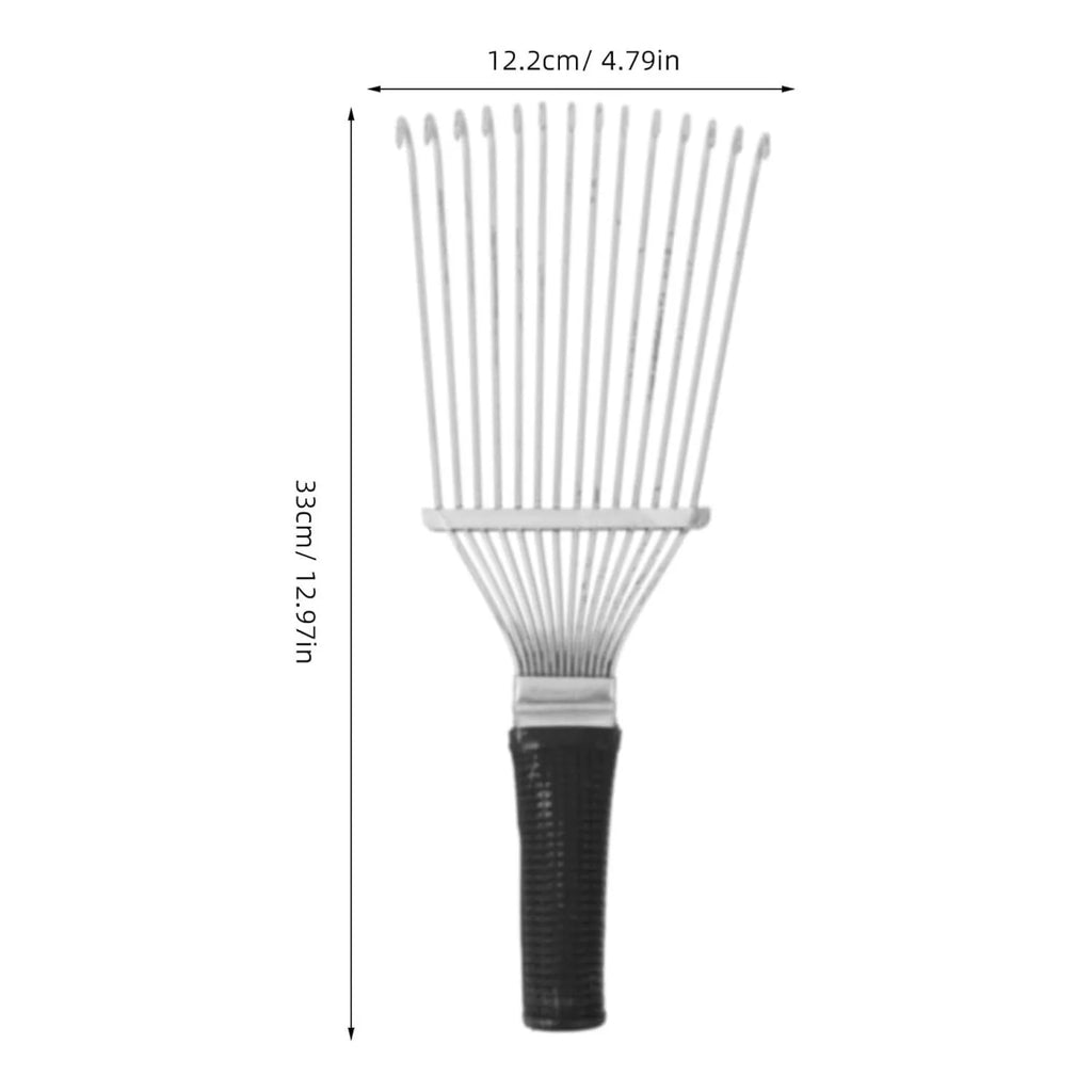 Black stainless steel animal grooming rake comb with curved teeth for horses and dogs.