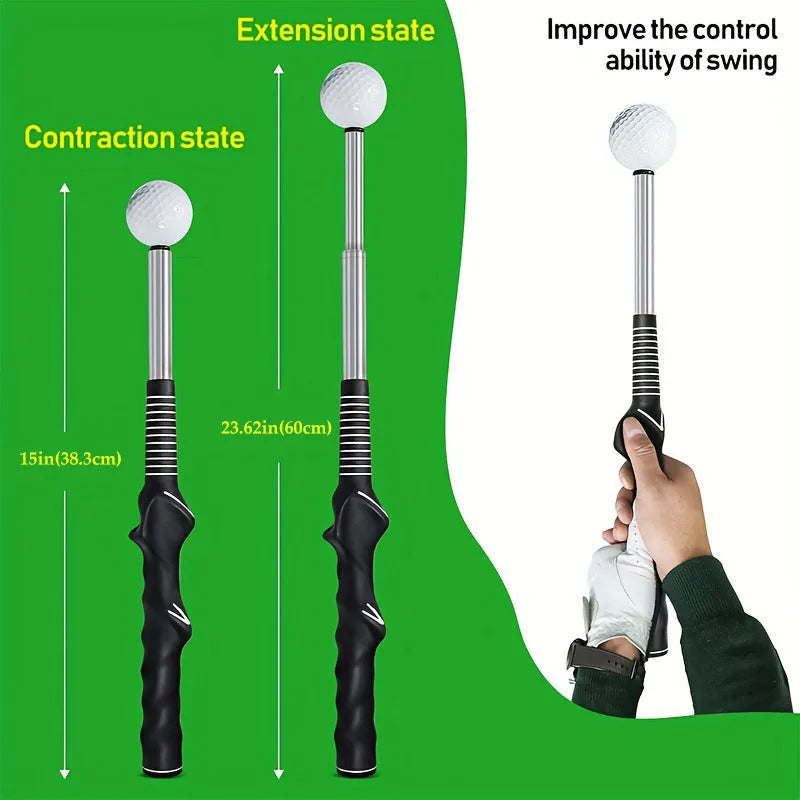 A telescopic golf swing practice trainer with a stainless steel frame, shown in an adjustable position.