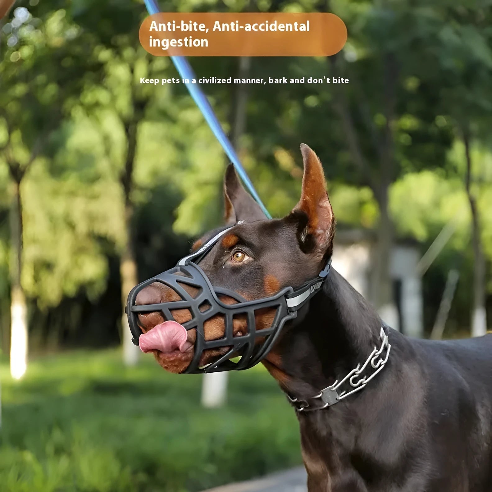 Adjustable black plastic reflective dog mouth cover for bite prevention, side view