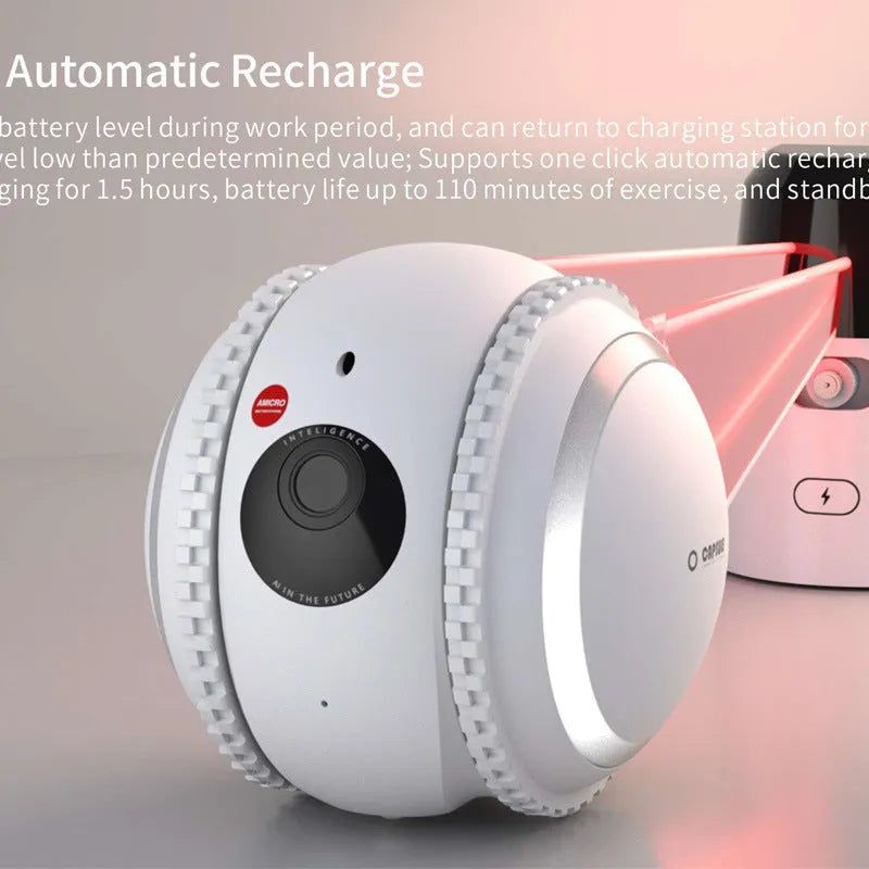 White robot cat electronic pet companion with automatic recharge system