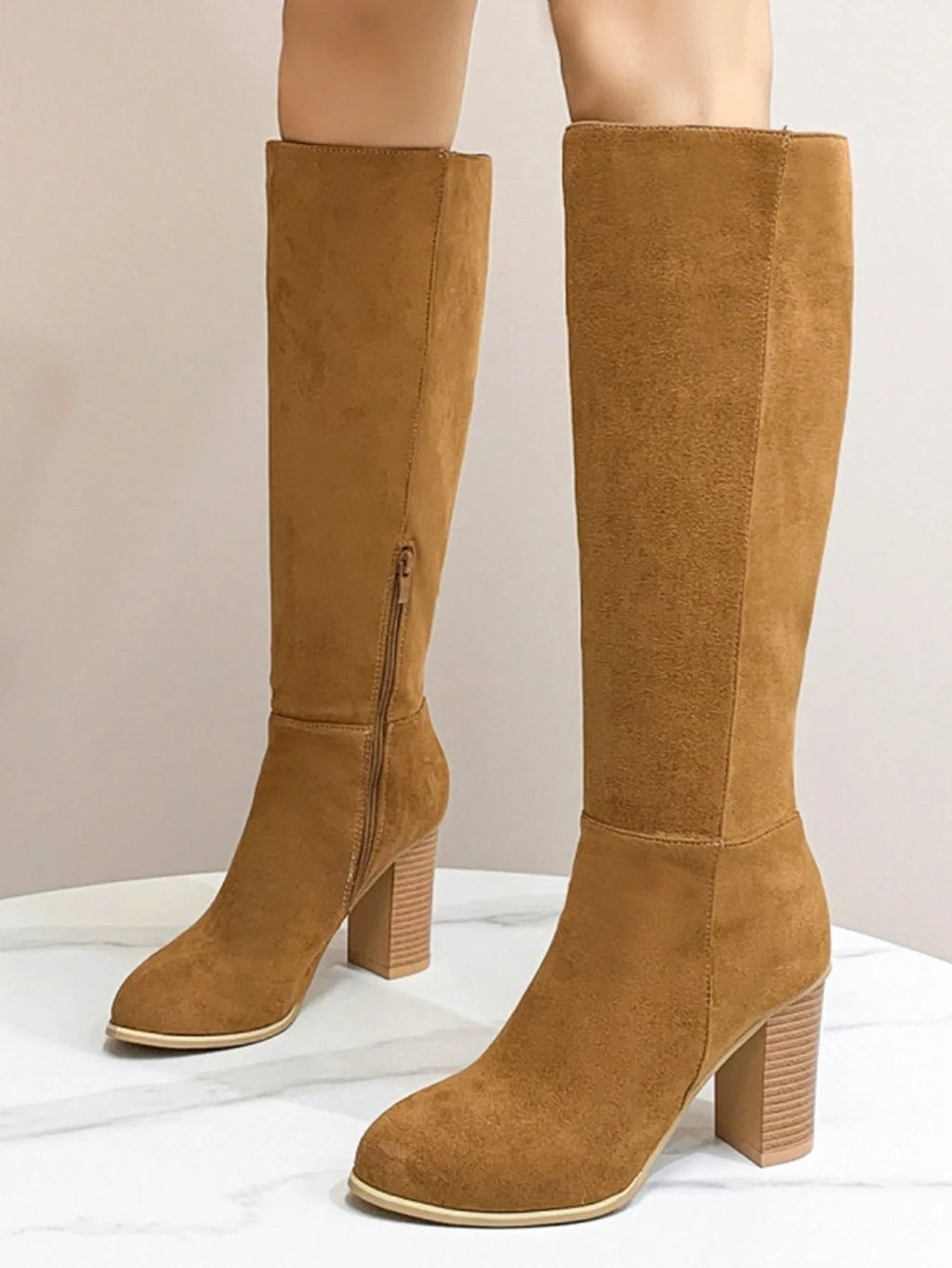 Women's black square toe high heel fashion boots in artificial PU leather
