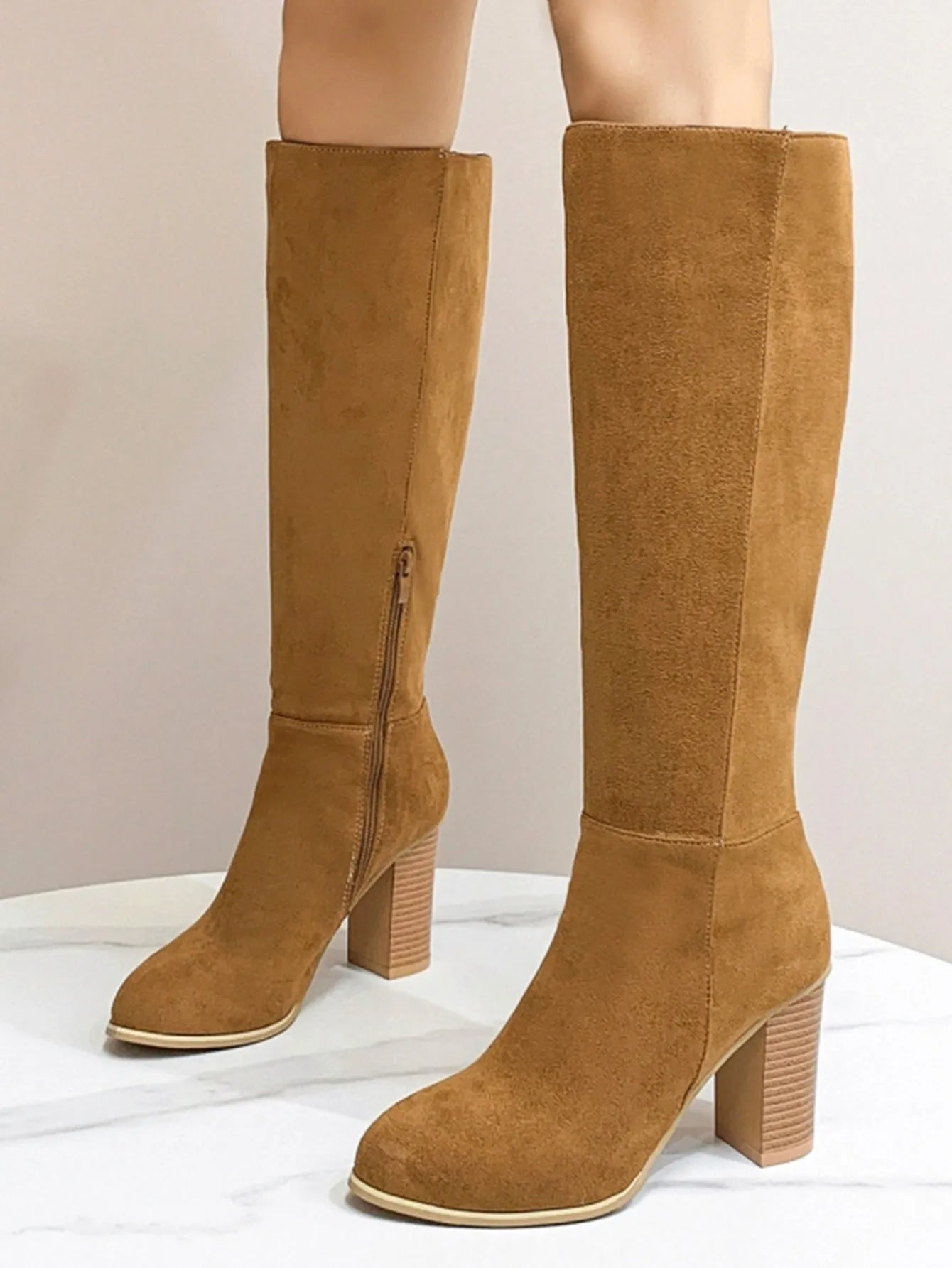 Women's black square toe high heel fashion boots in artificial PU leather