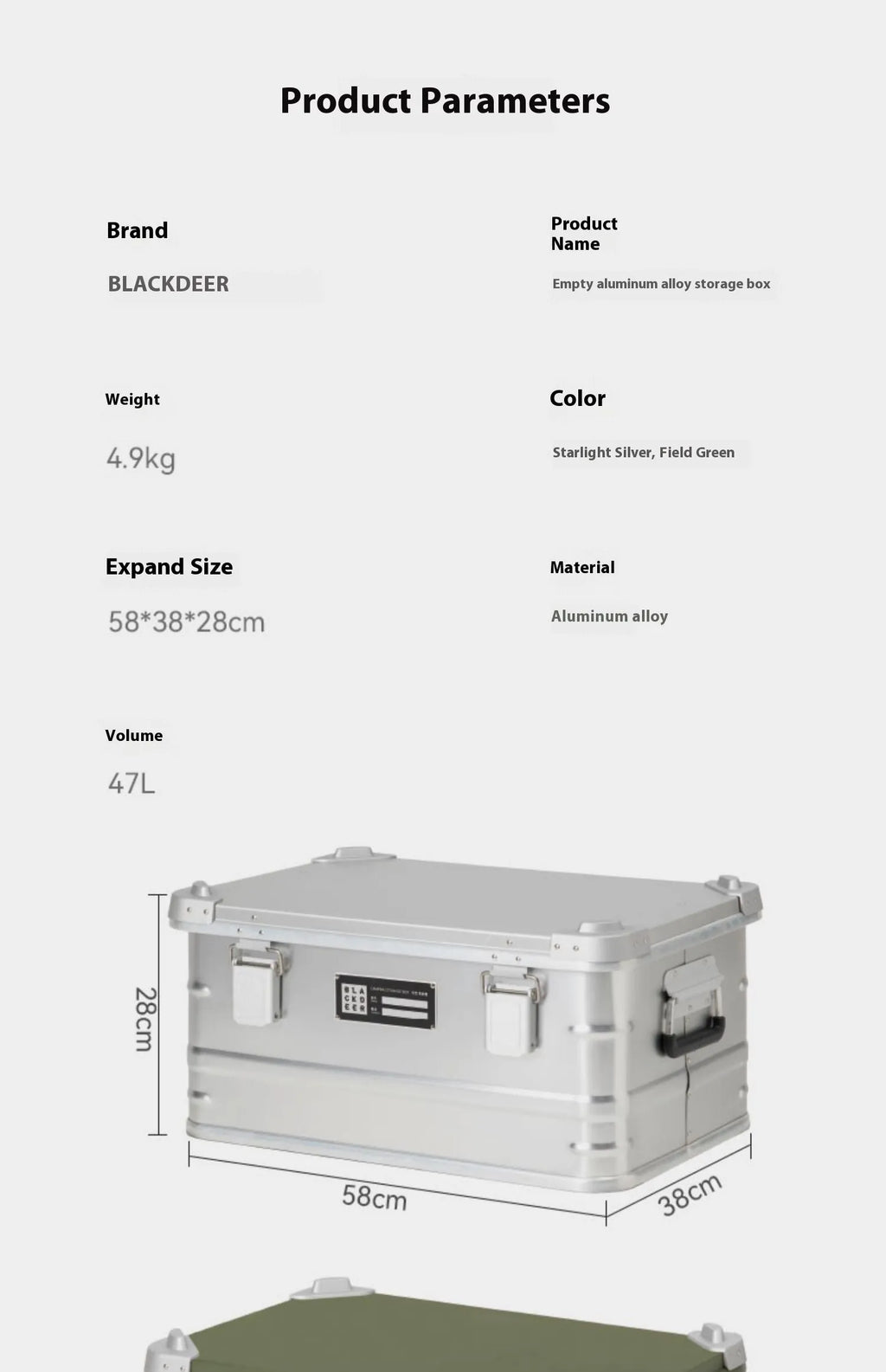 Field green aluminium alloy camping storage box with dimensions 58x38x28cm for outdoor equipment organisation