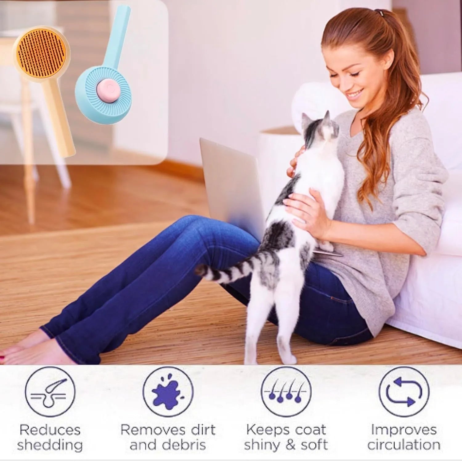 Blue self-cleaning pet grooming brush with angled metal needles for cats and dogs