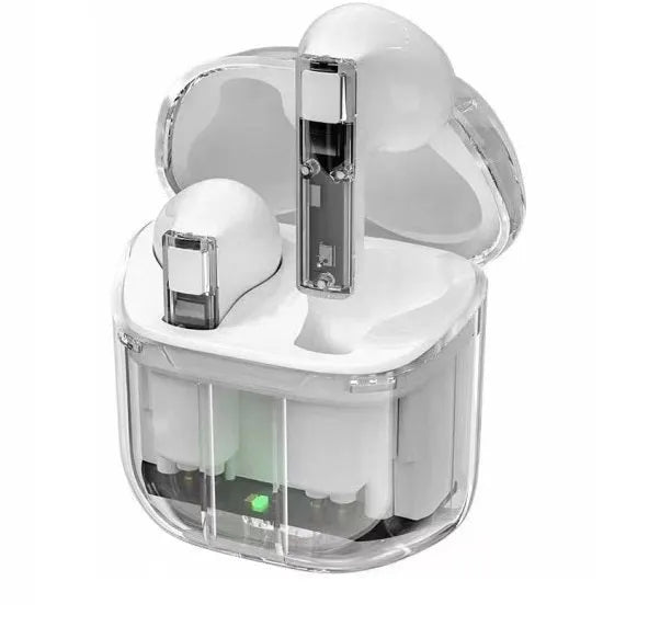 Transparent space capsule case containing true wireless Bluetooth earphones in various colours.