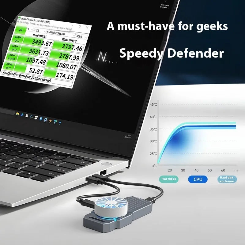 Silver aluminium USB4 external hard drive enclosure for NVMe M.2 SSDs with USB Type-C port