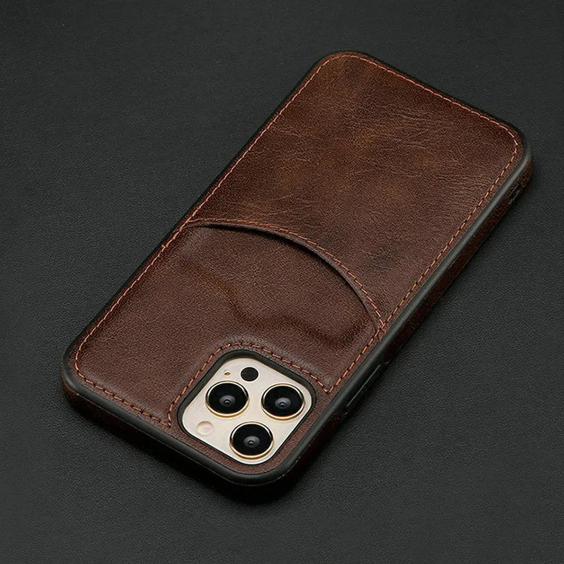 Dark blue PU leather protective case fitted on an iPhone, showing precise cutouts for camera and ports.