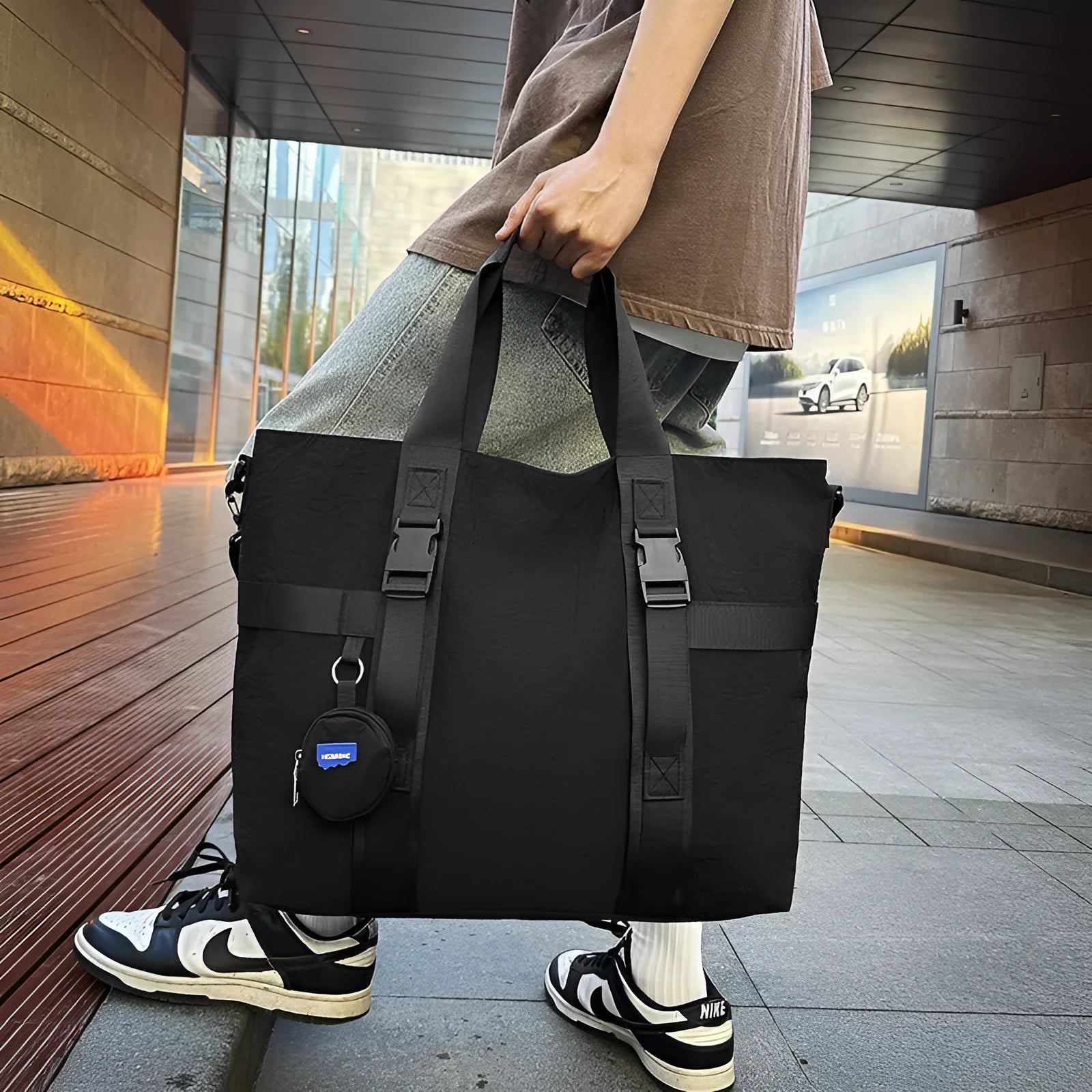 Grey Oxford cloth men's travel shoulder bag with separate coin purse showing large capacity design