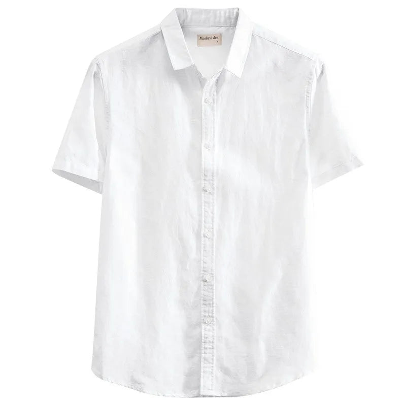 Men's square collar linen blend short sleeve shirt in loose cardigan style available in multiple colours