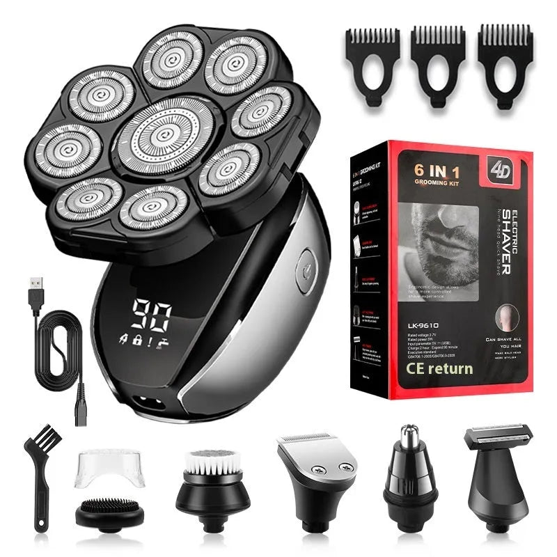 Black rechargeable 6-in-1 hair clippers shaver kit with multiple grooming attachments on display