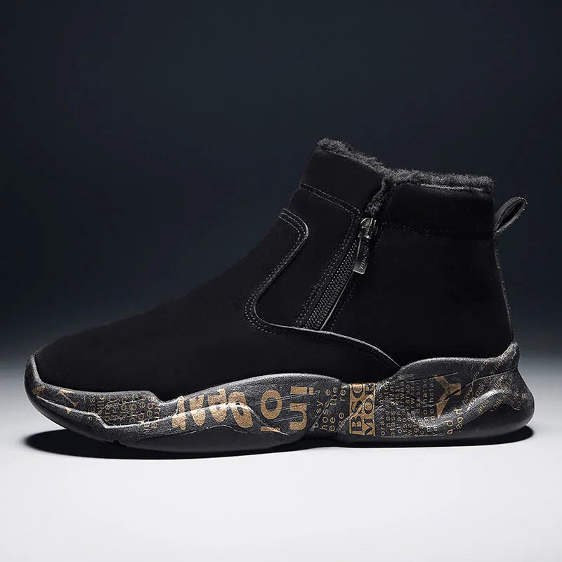 Men's high-top snow boots fleece-lined suede upper rubber sole non-slip winter sneakers black white