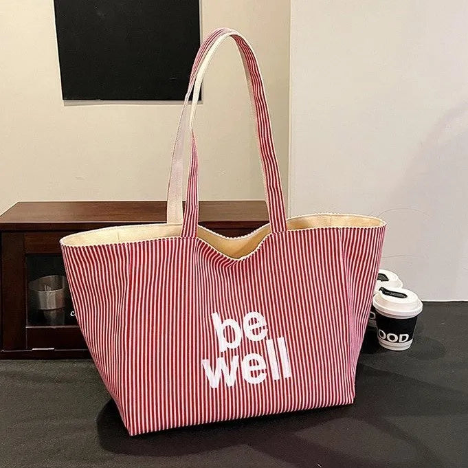 Large capacity double-sided striped canvas tote bag in striped blue, soft horizontal square shape