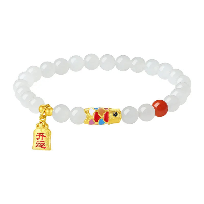 Hetian jade bracelet with koi fish design in S925 sterling silver setting