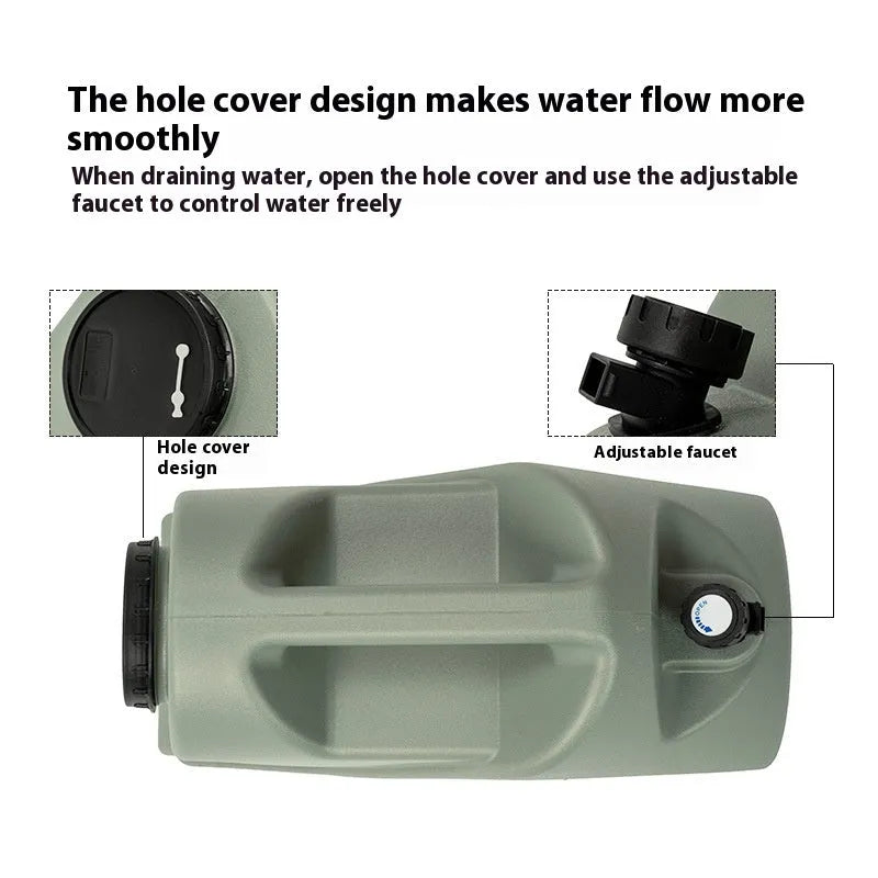Green collapsible water storage tank showing 13 litre and 18 litre capacity options.