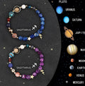 Two sets of twelve natural stone beaded bracelets laid out in a circle, each with different coloured gemstones for the zodiac signs.