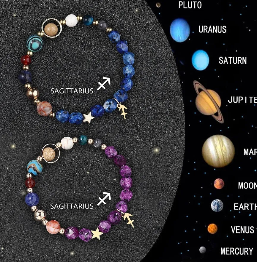 Two sets of twelve natural stone beaded bracelets laid out in a circle, each with different coloured gemstones for the zodiac signs.