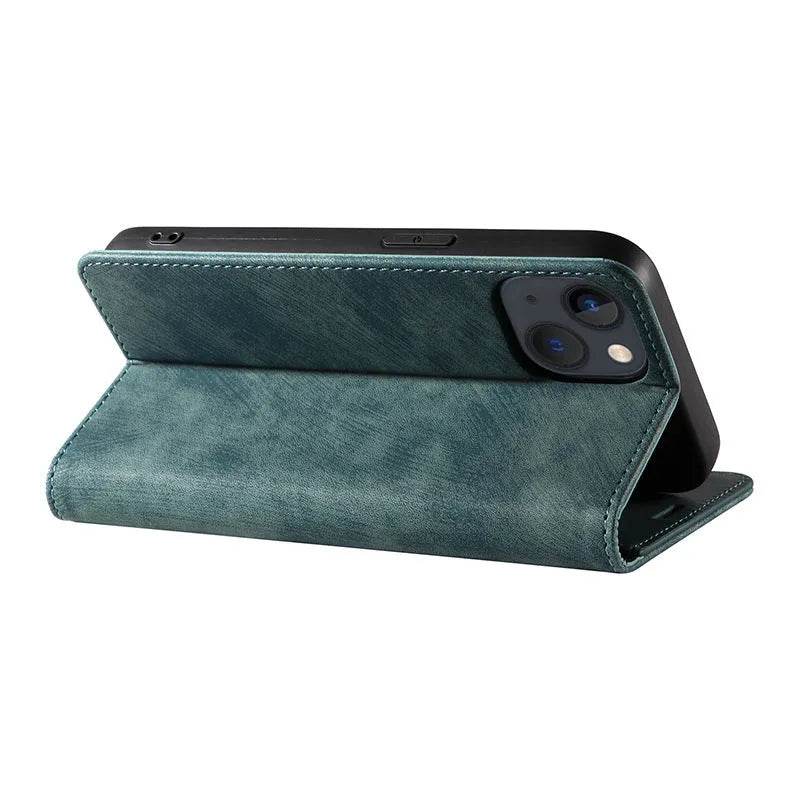 Magnetic flip phone case for iPhone shown closed, displaying the leather front cover and magnetic closure in grey.