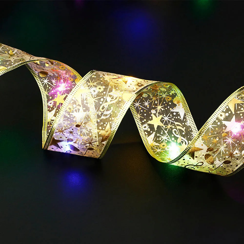 Fairy lights string with Christmas ribbon bow tie decoration in gold or silver colour options