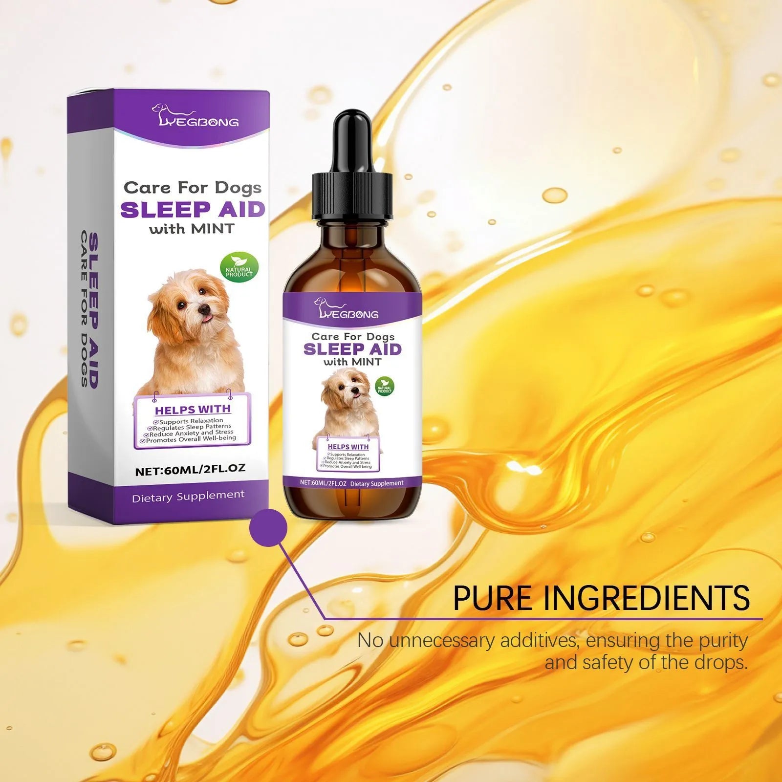 60ml bottle of dog sleep drops with mint extract for canine nighttime relaxation care