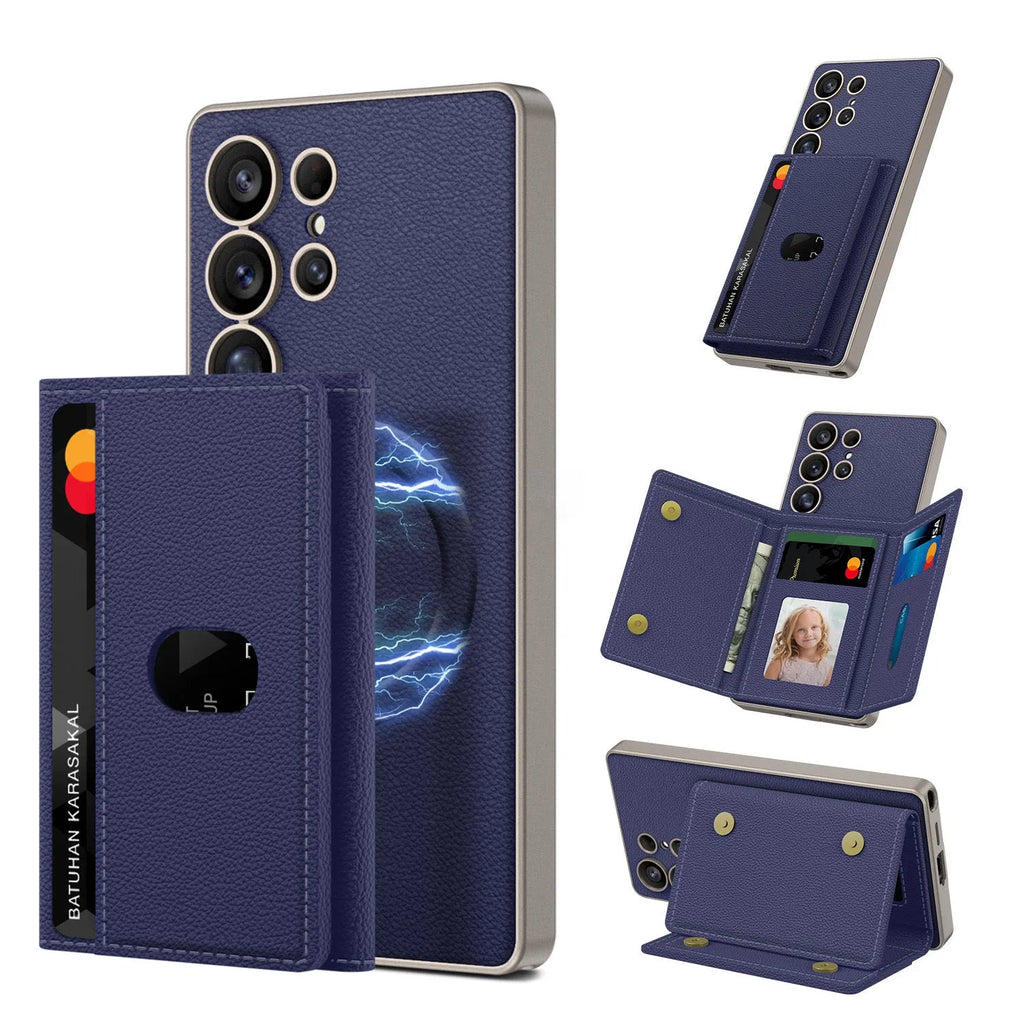 Built-in wireless charger magnetic split wallet phone case with stand for Samsung S24Ultra in plain leather frosted finish, Titanium Black colour