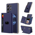 Built-in wireless charger magnetic split wallet phone case with stand for Samsung S24Ultra in plain leather frosted finish, Titanium Black colour
