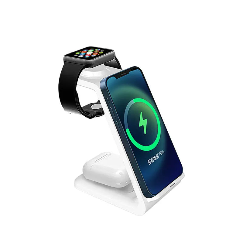 White 3-in-1 wireless charger with upright phone holder on a desk, showing Type-C port and dual-coil charging pad.