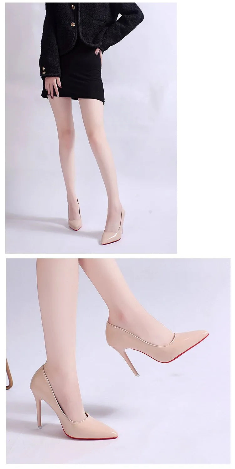 Women's black stiletto heel pump with pointed toe and shallow mouth on a rubber sole.