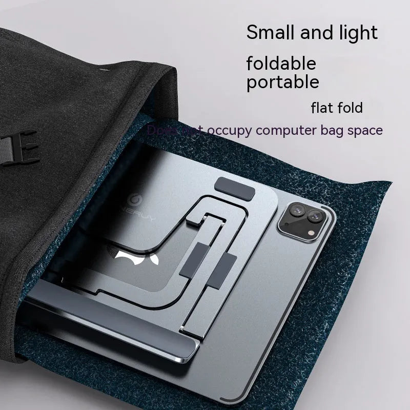 Foldable aluminium alloy tablet and phone holder in dark gray on a desk