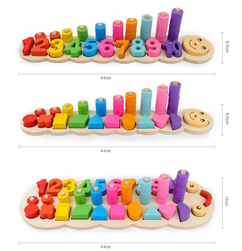 Wooden logarithmic board with colourful numbers geometric figures and beads for early childhood education